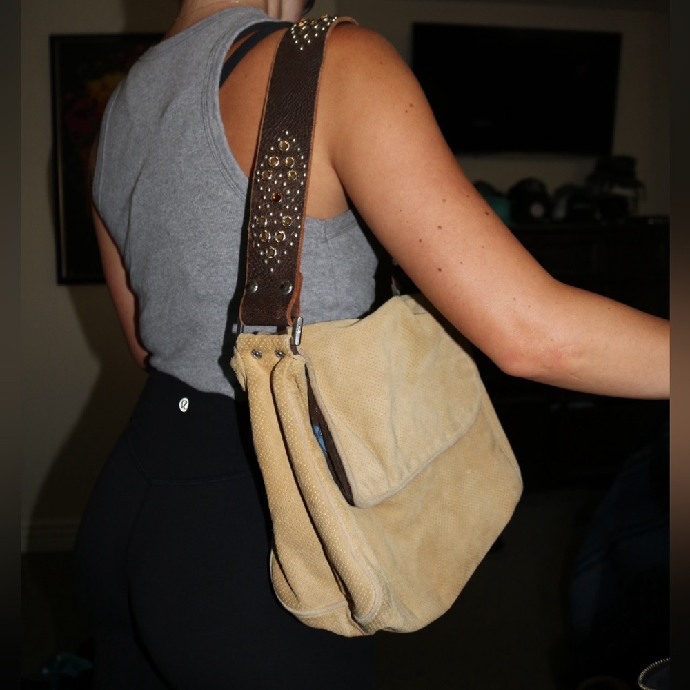 Tylie Malibu Tan and Brown Leather Studded/Rhinestone Shoulder Bag